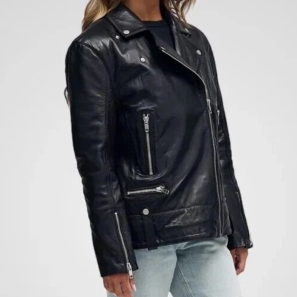 Classic Black Leather Moto Jacket - Women - Picture 4 of 5